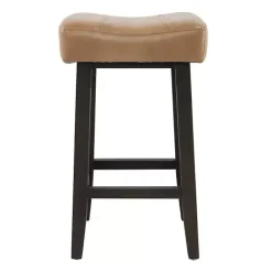 New Kirklands Home Camel Wood and Leather Backless Stool Tan