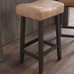 New Kirklands Home Camel Wood and Leather Backless Stool Tan