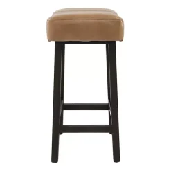 New Kirklands Home Camel Wood and Leather Backless Stool Tan
