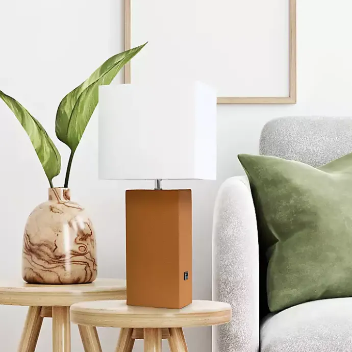 Clearance Kirklands Home Caramel Faux Leather Charging Table Lamp Tan