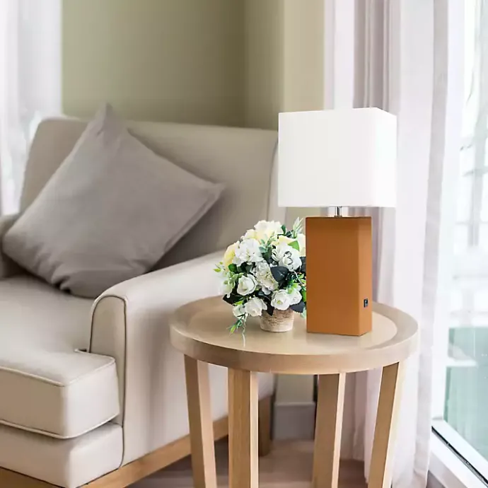 Clearance Kirklands Home Caramel Faux Leather Charging Table Lamp Tan