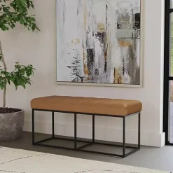 Sale Kirklands Home Caramel Faux Leather Upholstered Metal Frame Bench Tan
