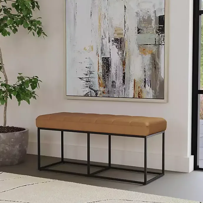 Sale Kirklands Home Caramel Faux Leather Upholstered Metal Frame Bench Tan