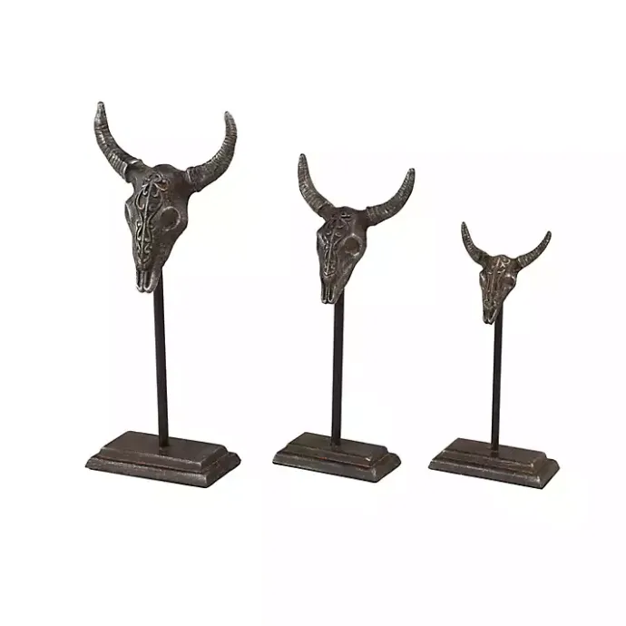 Outlet Kirklands Home Carved Iron Bullhead Statues, Set of 3 Gray