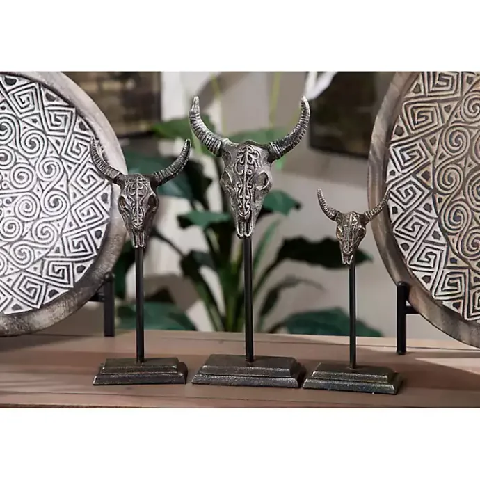 Outlet Kirklands Home Carved Iron Bullhead Statues, Set of 3 Gray