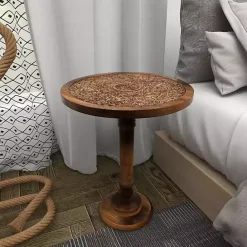 Outlet Kirklands Home Carved Mandala Mango Wood Accent Table Brown