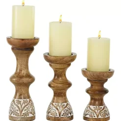 Outlet Kirklands Home Carved Mango Wood Pillar Candle Holders, Set of 3 Brown