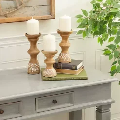 Outlet Kirklands Home Carved Mango Wood Pillar Candle Holders, Set of 3 Brown