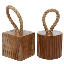 Sale Kirklands Home Carved Teak Wood and Rope Door Stoppers, Set of 2 Brown