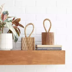 Sale Kirklands Home Carved Teak Wood and Rope Door Stoppers, Set of 2 Brown