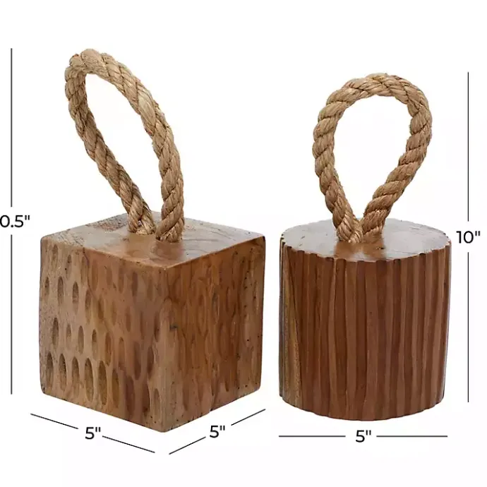 Sale Kirklands Home Carved Teak Wood and Rope Door Stoppers, Set of 2 Brown