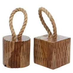 Sale Kirklands Home Carved Teak Wood and Rope Door Stoppers, Set of 2 Brown