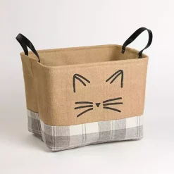 Online Kirklands Home Cat Whiskers Gray Plaid Leather Handle Jute Bin