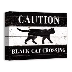 Hot Kirklands Home Caution Black Cat Crossing Halloween Canvas Print