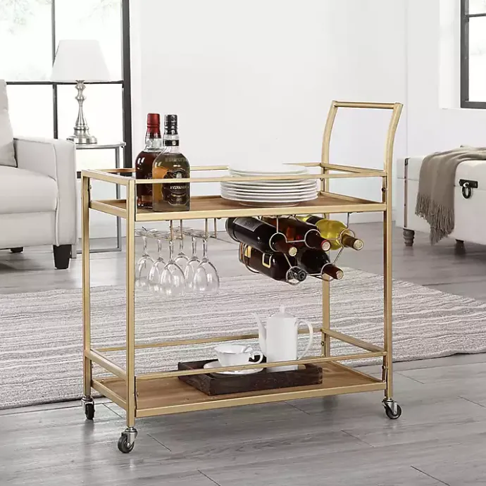 Hot Kirklands Home Celeste Gold Metal and Wood Bar Cart