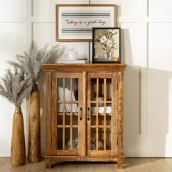 Discount Kirklands Home Charlie Natural Mango Wood Windowpane Cabinet Brown
