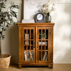 Discount Kirklands Home Charlie Natural Mango Wood Windowpane Cabinet Brown