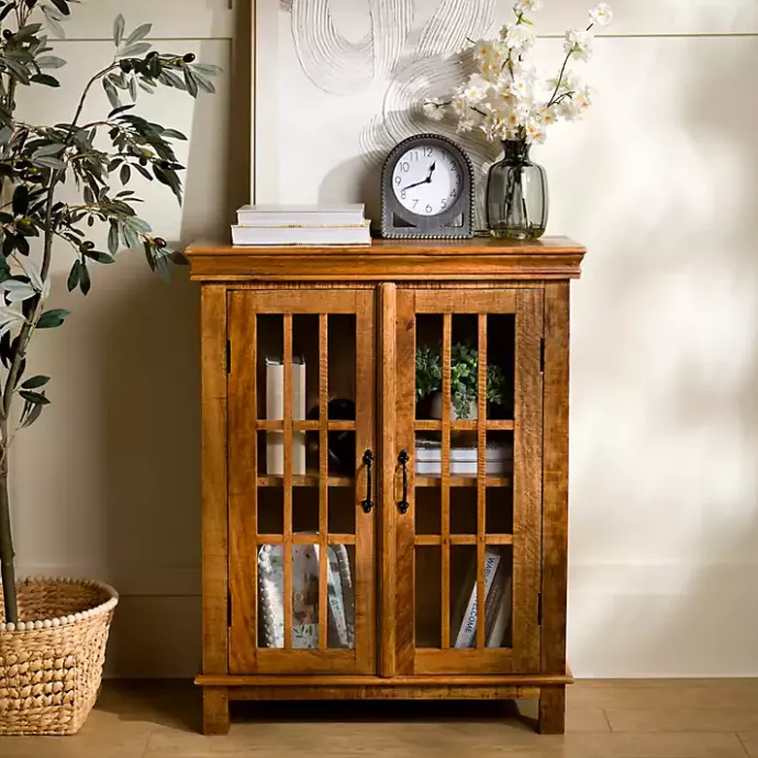 Discount Kirklands Home Charlie Natural Mango Wood Windowpane Cabinet Brown
