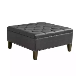 Outlet Kirklands Home Charocal Button Tufted Leather Ottoman Gray