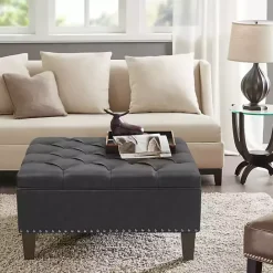 Outlet Kirklands Home Charocal Button Tufted Leather Ottoman Gray