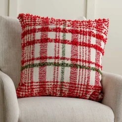 New Kirklands Home Chenille Red and Green Plaid Christmas Pillow