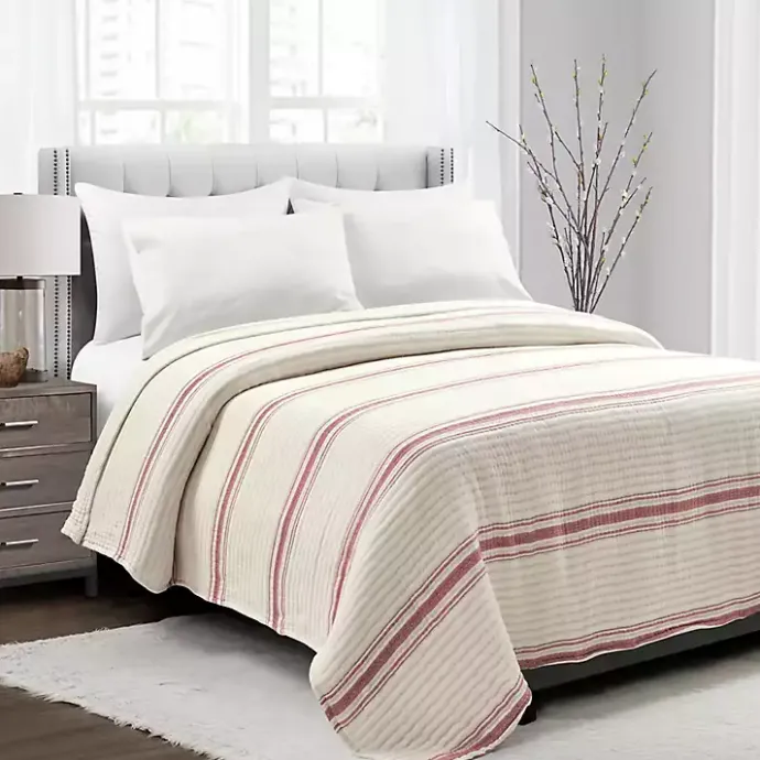 New Kirklands Home Cherry Red Pick Stitch Stripe Queen Quilt