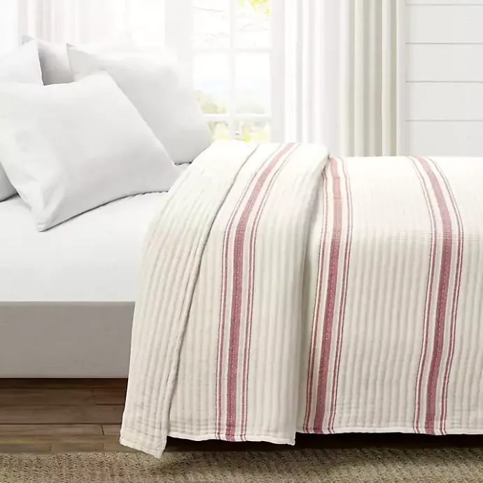 New Kirklands Home Cherry Red Pick Stitch Stripe Queen Quilt