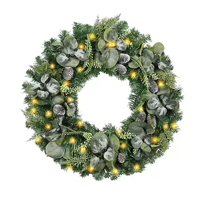 Sale Kirklands Home Christmas Eucalyptus Pine Mix Pre-Lit Wreath Green