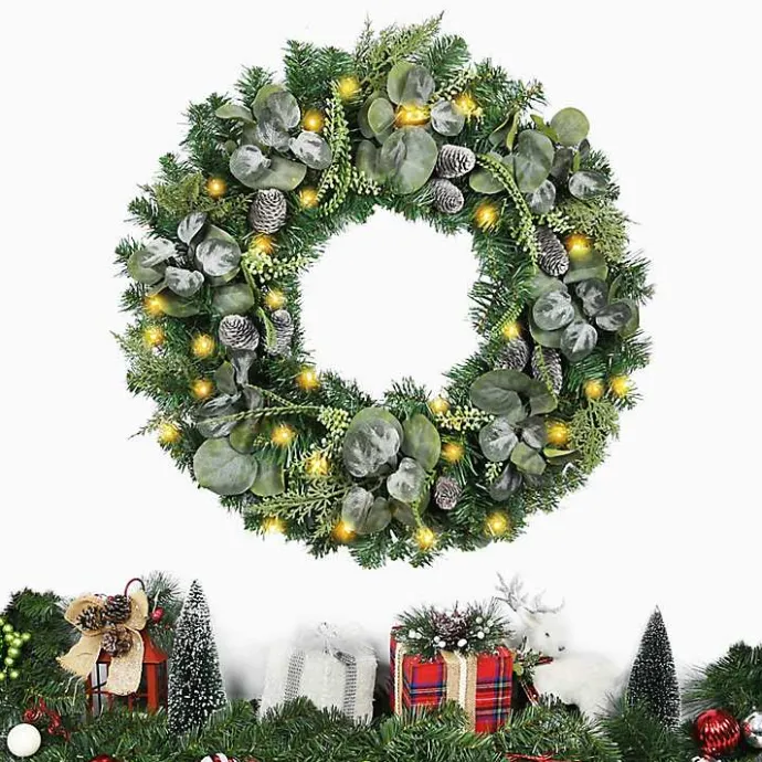 Sale Kirklands Home Christmas Eucalyptus Pine Mix Pre-Lit Wreath Green