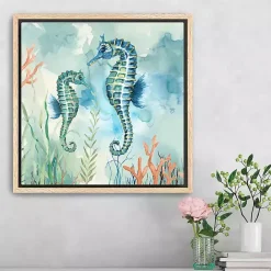 Hot Kirklands Home Coastal Bay Seahorses Framed Canvas Art Print