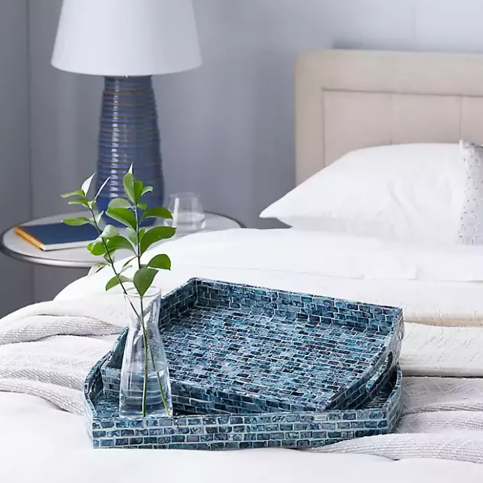 Sale Kirklands Home Coastal Wood and Oyster Shell Trays, Set of 2 Blue