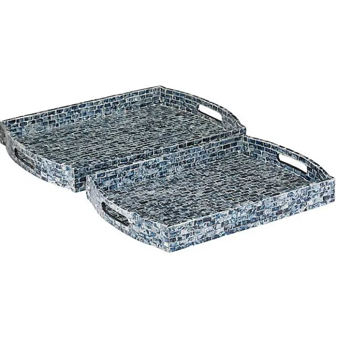 Sale Kirklands Home Coastal Wood and Oyster Shell Trays, Set of 2 Blue