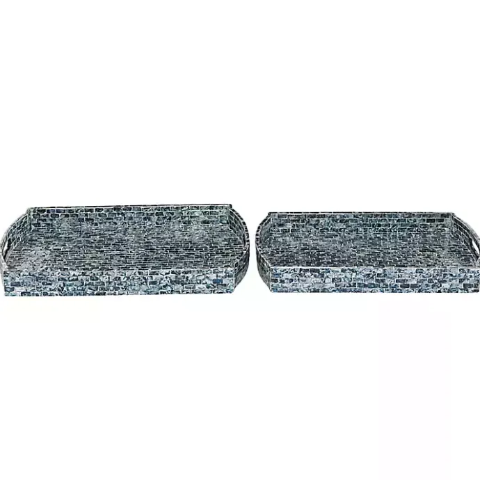 Sale Kirklands Home Coastal Wood and Oyster Shell Trays, Set of 2 Blue