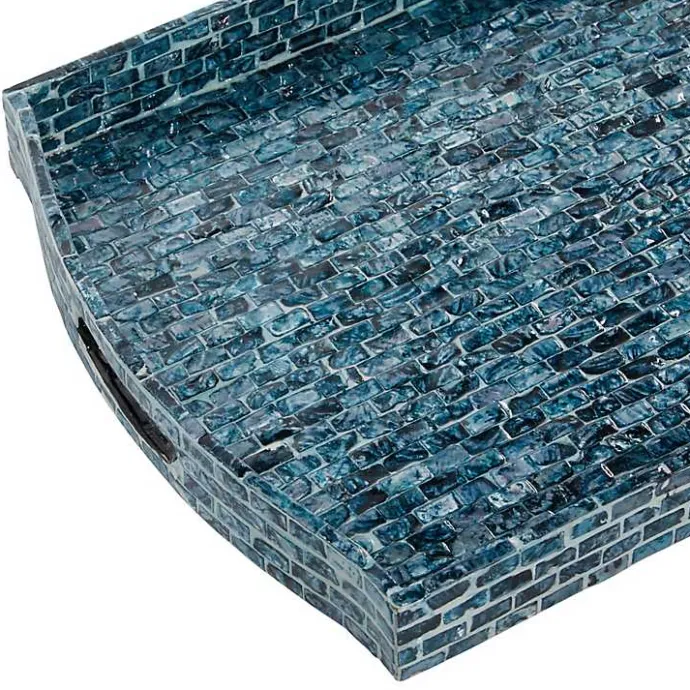 Sale Kirklands Home Coastal Wood and Oyster Shell Trays, Set of 2 Blue