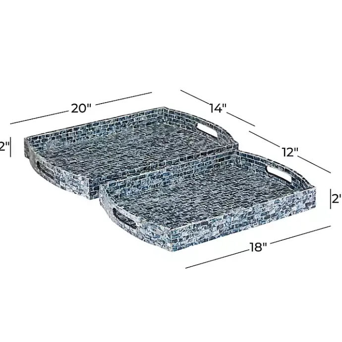 Sale Kirklands Home Coastal Wood and Oyster Shell Trays, Set of 2 Blue
