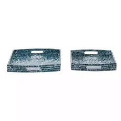 Sale Kirklands Home Coastal Wood and Oyster Shell Trays, Set of 2 Blue