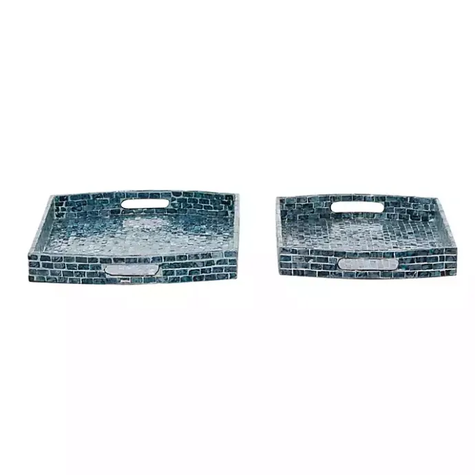 Sale Kirklands Home Coastal Wood and Oyster Shell Trays, Set of 2 Blue
