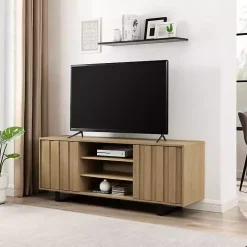 Online Kirklands Home Coastal Oak Grooved Media Cabinet Tan