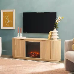 Sale Kirklands Home Coastal Oak Reeded Fireplace Media Cabinet Tan