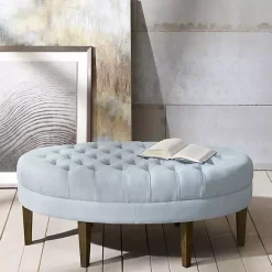 New Kirklands Home Cory Tufted Dusty Linen Ottoman Blue