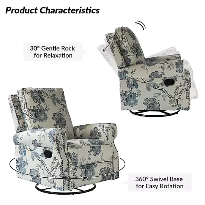 Hot Kirklands Home Cream and Blue Vintage Floral Rocking Recliner