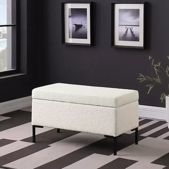 Sale Kirklands Home Cream Boucle Black Metal Storage Bench Ivory