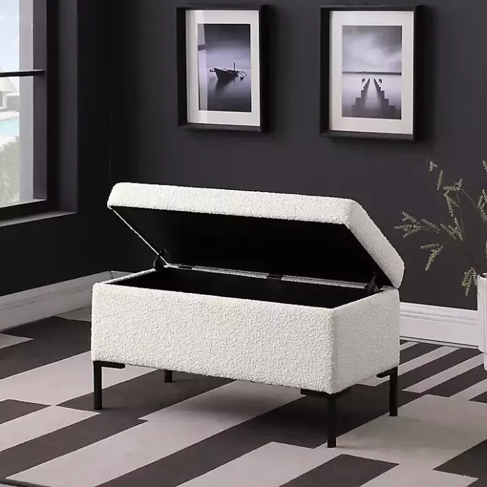 Sale Kirklands Home Cream Boucle Black Metal Storage Bench Ivory