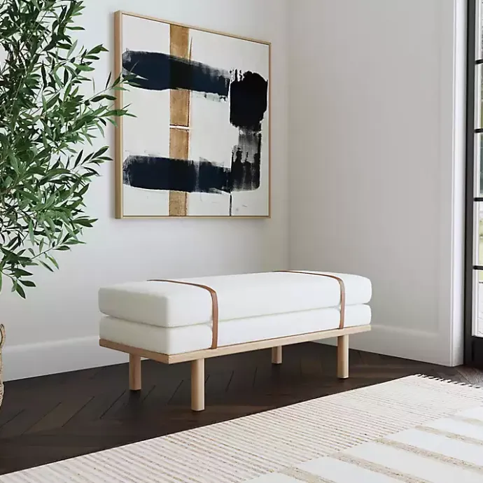 Kirklands Home Cream Boucle Brown Faux Leather Bench White