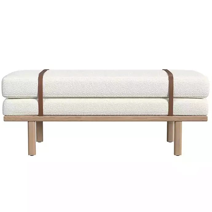 Kirklands Home Cream Boucle Brown Faux Leather Bench White
