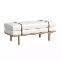 Kirklands Home Cream Boucle Brown Faux Leather Bench White
