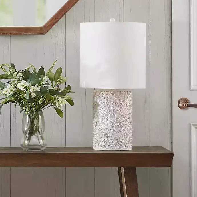 Clearance Kirklands Home Cream Embossed Floral Table Lamp White