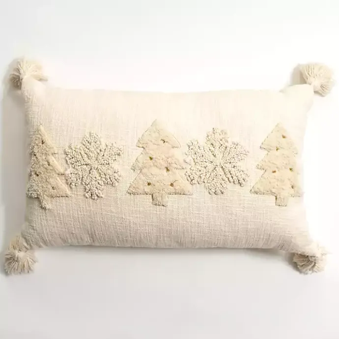 Kirklands Home Cream Embroidered Trees Lumbar Pillow Ivory