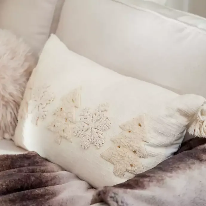 Kirklands Home Cream Embroidered Trees Lumbar Pillow Ivory