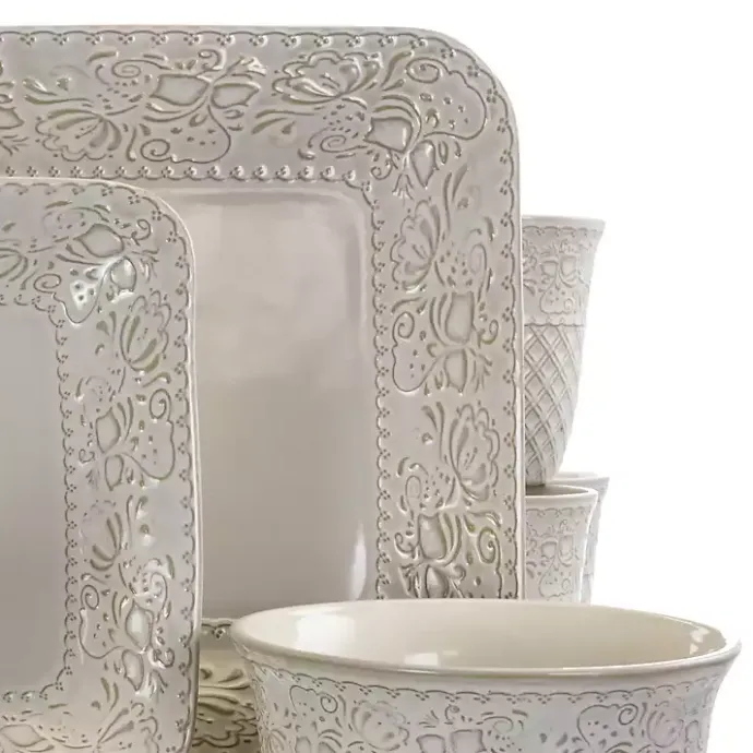 Discount Kirklands Home Cream Lotus Pattern 16-pc. Square Dinnerware Set Ivory